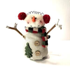 Rustic Fabric Snowman Figurine w/ Stick Arms, Earmuffs & Scarf 8" Country Decor